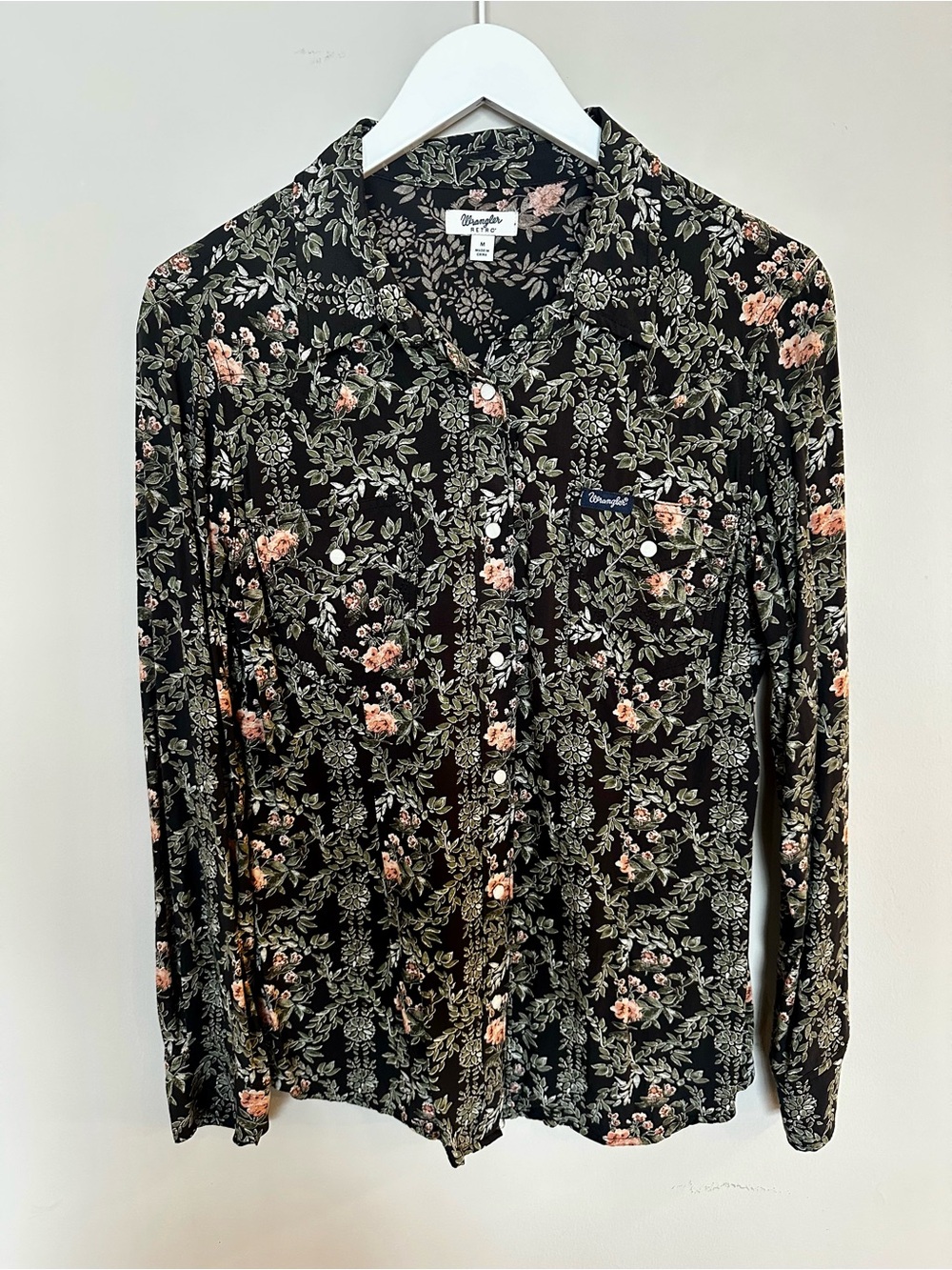 Wrangler Retro Black Floral Button-Down Shirt with Pink Accents